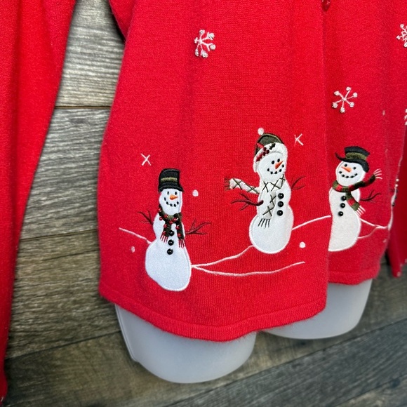 Wish for Joy Red Snowman Cardigan Sweater Large Christmas Embroidered - Picture 6 of 6